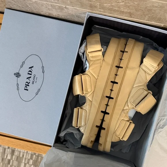 Prada PADDED LEATHER SANDALS / Nappa Double Strap Tan Sandals / IT 38 Camel - Picture 15 of 16